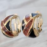 Vintage Clip On Earrings Statement Retro Large Hoops Burgundy, Black Gold Tone Photo 1