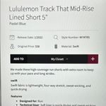 Lululemon  Track That Mid Rise Lined Short 5” Sz6 Pastel Blue Photo 3