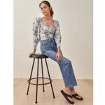 Reformation 💕💕 Stilton Linen Top  Pompadour Blue White Floral Bird Print 2 NWT Photo 1