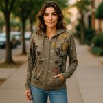 Billabong  Womens Hoodie‎ Size Large Olive Green Asian Inspired Black Gold Red Photo 0