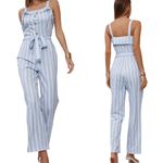 Blush J Striped Jumpsuit Blue White Chambray Sleeveless Belted Crop Medium EUC Photo 9