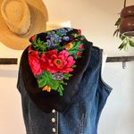 None Vintage Black Soft Woven Bandana Neck Tie Scarf Wrap Bright Floral Print Photo 1