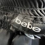 Bebe Black Satin Off-Shoulder Romper Shorts Long Seleeve Ruffle Trim Sexy Chic Photo 9