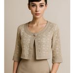 Cache Vintagee Romantic Modern Aubrey Hepburn Jacket size 6 Tan White Linen Lace Photo 0