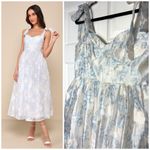 Lulus  White Baby Blue Floral Burnout Tie-Strap Sweetheart Midi Dress Size M Photo 1