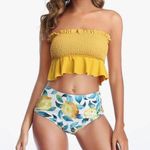 Women’s Two Piece Swimsuit Ruffles Bikini Set High Waisted Lemon Print Yellow Green Size XL Photo 0