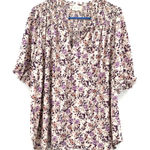 MELLODAY  size 2X short sleeve blouse floral print smocked upper‎ cream purple Photo 0