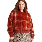 Anthropologie  Plaid Teddy Bomber Jacket Rich Rust Cozy Soft Cabin Holiday 1X Photo 1