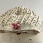 Handmade  knitted Creme with pink flower beanie Photo 0