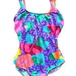 Vintage Island Native Swimsuit Leotard Hawaiian Floral Neon 14 80s 90s Purple Size 12 Photo 0