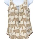 Anthropologie Lucky Brand Embroidered Elephant Print Tank Top Boho Tan Bead Tie Shirt XS Photo 0