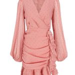 EXPRESS -FAUX WRAP MINI DRESS-SIZE XS V neck, faux wrap front, long sheer sleeves, ruched skirt with ruffles down the side, tiered ruffle hem, metallic fit fabric, fully lined except for sleeves, excellent condition, like new Measurements: Bust: armpit to armpit 16 1/2 inches Waist: side to side 13 inches Length: shoulder seam to bottom 32 inches Photo 0