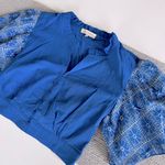 Solitaire  Cobalt Blue Embroidered Cotton Flare Sleeve Cropped Blouse Size Large Photo 4