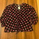 Cato  NWT Black and Pink Lip Puff Sleeve Top with Ruched Tie Front Elastic sleeve Photo 0