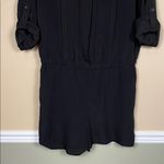 Loft  Women’s Black Pleated Button-Up Rolled-Sleeve Classy Minimalist Romper Photo 2