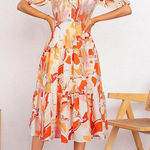 [Vafadress] Orange Abstract Floral Print Smocked Tiered Midi Dress NWT Sz Medium Photo 0