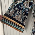 Studio One Blue Tan Paisley Dress with Bell Sleeves & Tie Belt | Large Photo 3