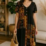 Vintage Pelican Cove 90s Boho Patchwork Rayon Midi Dress Festival Earthy Large Black Photo 1