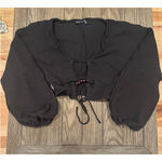 ASOS Women's Black Long Sleeve Crinkle Lace Up Lattice Crop Bead Accent 12 NWOT Photo 1