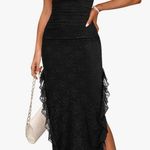 Merokeety lace ruffle black strapless body-con tube full length formal slit dress Photo 6