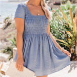 Pink Lily  Midi Dress Medium Blue Square Neck Smocked Short Sleeve Boutique NWT Photo 0