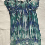 Y2K blue green tie dye sublimation print semi sheer bubble hem top rhinestones Size M Photo 0