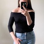 ZARA  Knit Black Off the shoulder Ribbed Cropped 3/4 Sleeve Top Small Photo 0