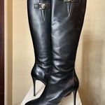 Versace Black Leather Knee High Heeled Boots with Gold Hardware Photo 0