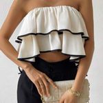 SheIn White Ruffle Crop Top with Black Trim Photo 0