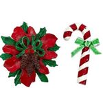 Vintage 1950s Christmas Poinsettia and Candy Cane Enamel Brooch Lot Red Photo 0