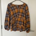 Altar'd State V neck Mustard colored blouse with blue detailing. Size small Photo 1