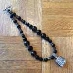 Black Bead Necklace with Pave Diamond Like Pendant Photo 3