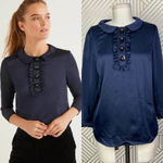 Boden Sophia Sequin Collared‎ 3/4 Sleeve Blouse Top in Navy Blue Size US 6 Photo 1