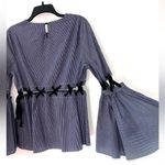 Beulah Blue Striped Lace Up Wide Sleeve Top Large Photo 4