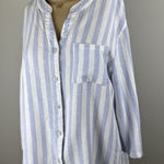 cupio   Women's Medium Blue Striped V Neck Button Up Front Pocket Linen Blend Top Photo 0