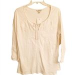 Lucky Brand Womens Scoop Neck Embroidered Cotton Peasant Blouse Cream Sz L Photo 0