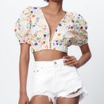ZARA Boho Embroidered Crop Top Sz Large Deep V Cut Puff Sleeves Photo 5