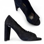 Pelle Moda Black Suede Scalloped Peep Toe Heels Womens 7 Cresent Shaped Heel Photo 0