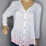 Mudd Long Sleeve Flowy White and Pink Button Down Collarless Blouse Large Photo 0