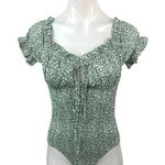 Princess Polly Green White Ruffle Keyhole Tie Neck Smocked Bodysuit Top Size 2 Photo 0