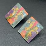 Vintage 70's Modernist Colorful Abstract Faces Resin Lucite Large Earrings 16.8g Photo 5