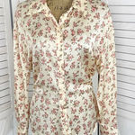 ZARA  Satin Floral Print Ruched Sides Blouse Cream Pink Small Button Front Photo 0