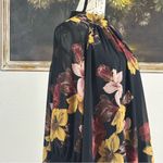 DR2 Womens Size Large Black Floral Print High Neck Swing Blouse Sheer Sleeves Photo 3