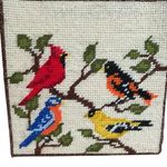 Handmade Vintage Needlepoint Purse tote Plastic Handle Cardinal Oriole Birds Grannycore Photo 1