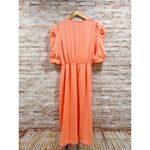 Entro  Women's Peach Crazy Rich Satin Puff Sleeve Wrap Midi Dress Size L Photo 5