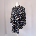 Vera Wang Simply Vera  Black Floral Print High Low Tab Sleeve Collared Blouse Photo 3