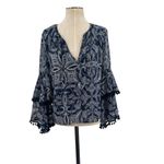 MISA Los Angeles Maya Bell-Sleeve Top Paisley Pom Trim Navy Blue Size XS Photo 2