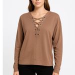 FAVLUX Sweatshirt Womens Size Small Brown LaceUp Grommet Long Sleeve Edgy Modern Photo 0