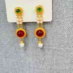 Indian Style Gold Drop Earrings with Red Gem & Pearl Beads – Festive Ethnic new Photo 2