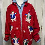 Tiara International Vintage Tiara red zip up ugly Christmas cardigan sweater snowman appliqué 1X Photo 0